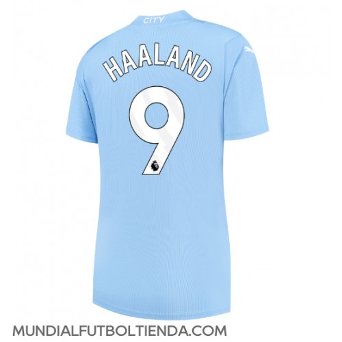 Camiseta Manchester City Erling Haaland #9 Primera Equipación Replica 2023-24 para mujer mangas cortas